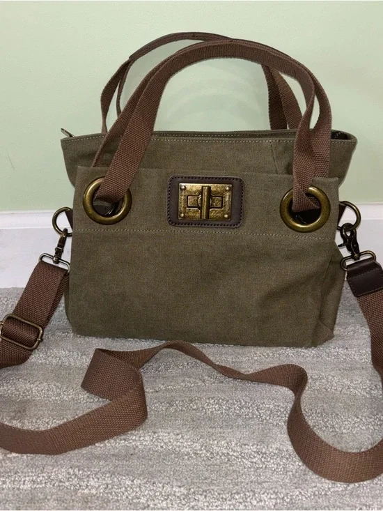 ZEDE Paris Pont Des Arts Mini Olive Canvas Leather Bag Tote W Crossbody Strap - Picture 1 of 15